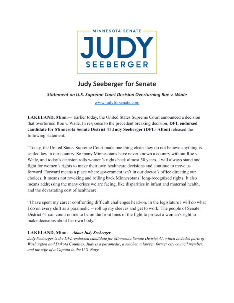 Roe v. Wade Overturned – Judy Issues Statement