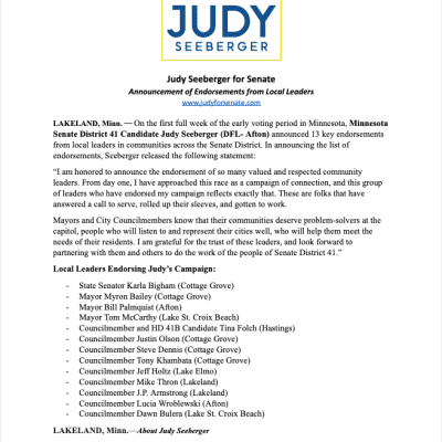 Announcement of Endorsements from Local Leaders